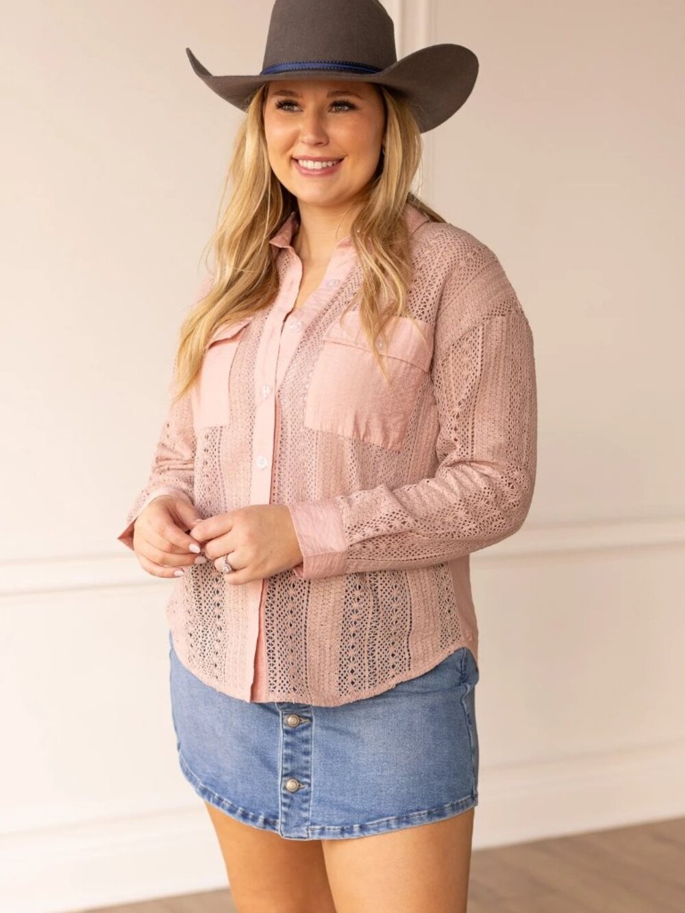 Lace Button Up Shirt - Pink